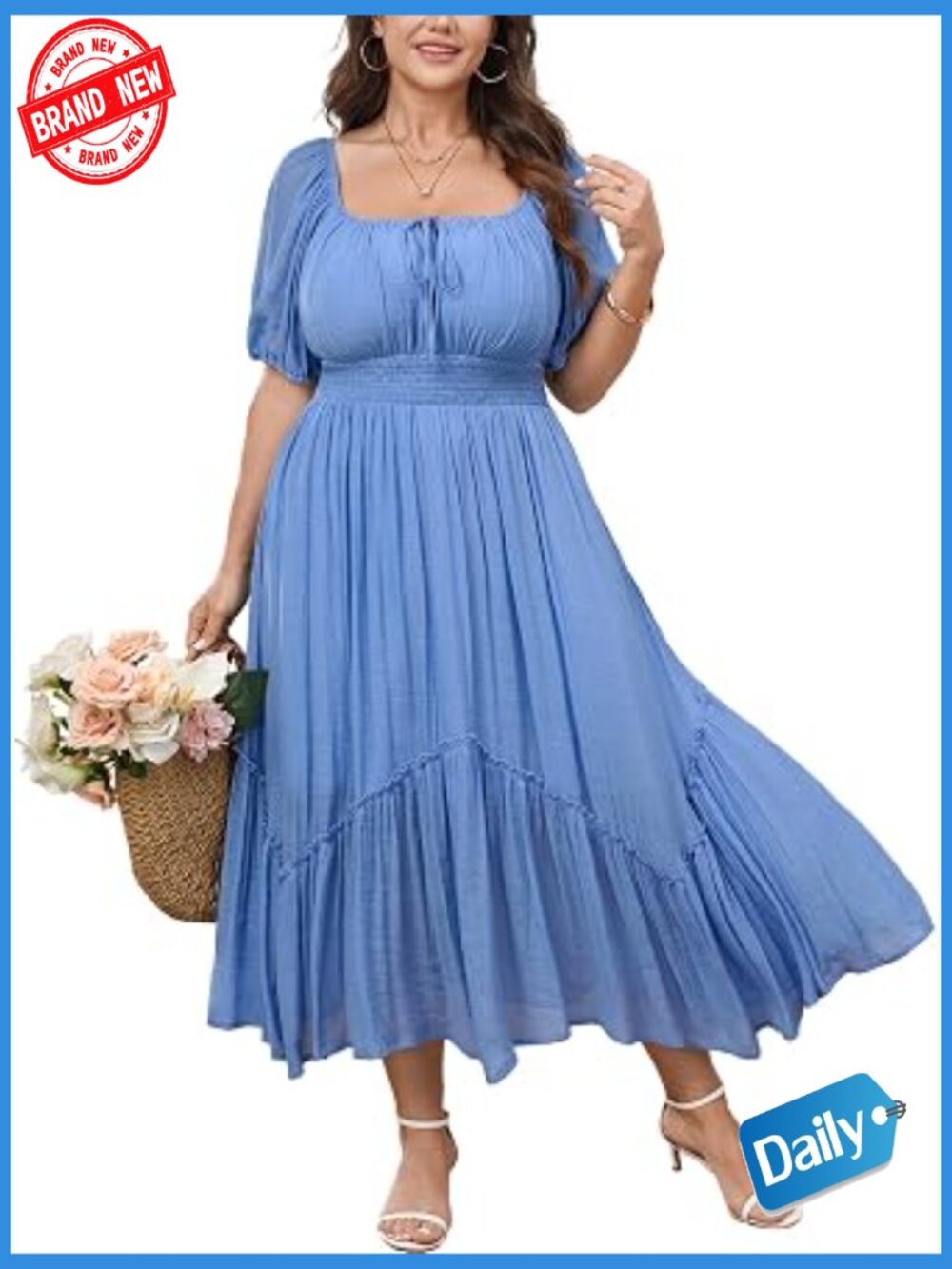 Plus Size Maxi Dress Short Sleeve Square Neck Tie Front Ruffle Hem Boho